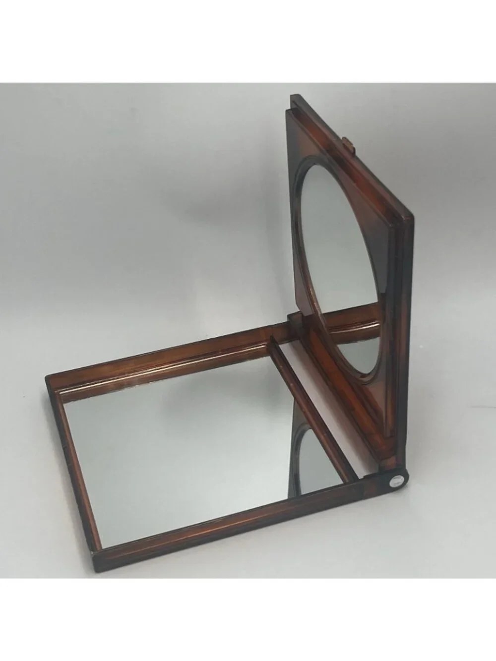 Vintage Brown Lucite Large Compact Mirror 2 Sides Magnification and Normal